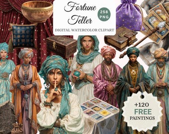 Fortune Teller Watercolor Clipart Bundle – Mystical PNG Graphics (Digital Download)