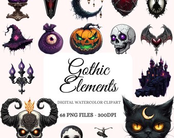 Paquete de imágenes prediseñadas con elementos góticos: 68 imágenes PNG oscuras (descarga digital)