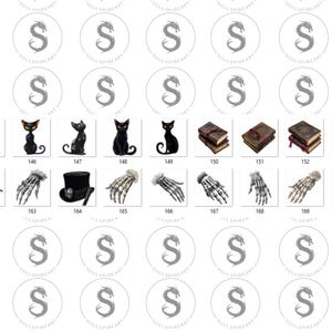 May include: A digital sheet with 20 different images. The images are arranged in a grid of 4 rows and 5 columns. The images include a black cat, a skeleton hand, a hat, a stack of books, and a clock.