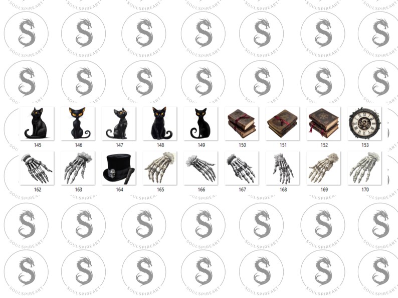 May include: A digital sheet with 20 different images. The images are arranged in a grid of 4 rows and 5 columns. The images include a black cat, a skeleton hand, a hat, a stack of books, and a clock.