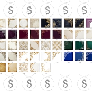 Pu&ograve; includere: Una collezione di sfondi per l'arte digitale con vari design. Le immagini presentano bordi ornati, motivi floreali e superfici strutturate nei colori oro, crema, bordeaux e blu navy. Ogni design &egrave; unico e adatto a progetti di arte digitale.