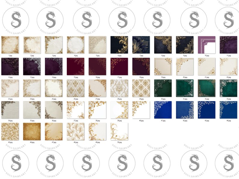 Pu&ograve; includere: Una collezione di sfondi per l'arte digitale con vari design. Le immagini presentano bordi ornati, motivi floreali e superfici strutturate nei colori oro, crema, bordeaux e blu navy. Ogni design &egrave; unico e adatto a progetti di arte digitale.
