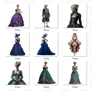 Pu&ograve; includere: Una collezione di illustrazioni digitali raffiguranti figure in costumi storici. Le immagini mostrano vari abiti e completi, con un'attenzione ai dettagli intricati e ai colori vivaci. Le illustrazioni sono su sfondo bianco.