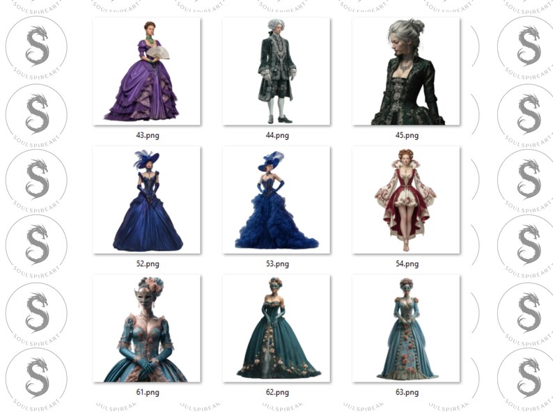 Pu&ograve; includere: Una collezione di illustrazioni digitali raffiguranti figure in costumi storici. Le immagini mostrano vari abiti e completi, con un'attenzione ai dettagli intricati e ai colori vivaci. Le illustrazioni sono su sfondo bianco.