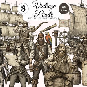 Puede incluir: Paquete de imágenes prediseñadas digitales de piratas vintage con ilustraciones de piratas, barcos, un loro, un mapa del tesoro y un cartel de se busca. La imagen incluye el texto "Vintage Pirate" y "Digital Clipart Bundle". Las ilustraciones son en tonos sepia.