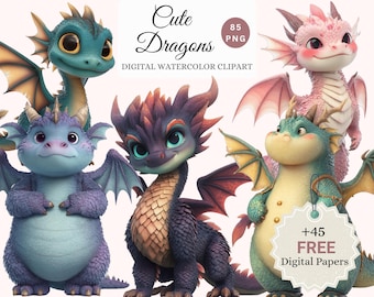 Cute Cartoon Dragons Watercolor Clipart Bundle – Adorable Dragon PNG, Kawaii Medieval Fantasy Art, POD Friendly + 45 Free Papers (85 Images)