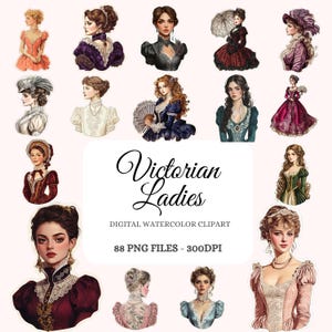 Victorian Ladies Clipart Bundle - 88 Sticker Designs of Gothic Victorian Women, Elegant Dresses, Antique Accessories - PNG Digital Files