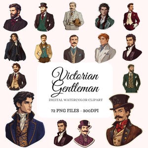 Viktorianische Gentlemen Clipart Bundle - 72 Aufkleber-Designs von Vintage viktorianischen Männern, Anzügen & Zylinder, Vintage Accessoires - PNG Digitale Dateien