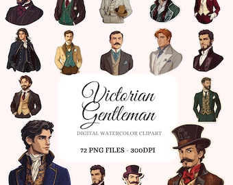 Clipart di gentiluomini vittoriani - 72 adesivi PNG di uomini vintage (file digitali)