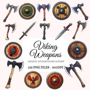 Bundle de cliparts aquarelle d'armes vikings - haches nordiques, boucliers vikings, équipement de combat, cliparts vikings, éléments de jeu, POD Friendly (133 images)