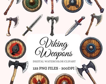 Pacote de clipart em aquarela de armas vikings – machados nórdicos, escudos vikings, equipamentos de batalha, clipart vikings, recursos de jogo, compatível com POD (133 imagens)
