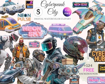 Cyberpunk City PNG Clipart Bundle, Neon Characters, Buildings (Digital Download)