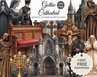 Gothic Cathedral Clipart Bundle, Medieval Church, Nuns, Monks (PNG, JPG)