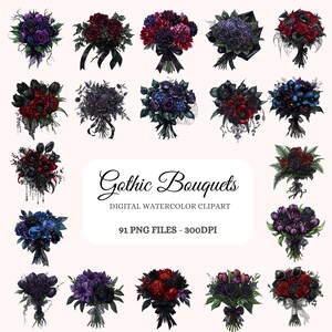 Gothic Bouquets Watercolor Clipart Bundle – 91 Dark Floral Arrangements, Gothic Flower Art, PNG Transparent Backgrounds, High-Resolution
