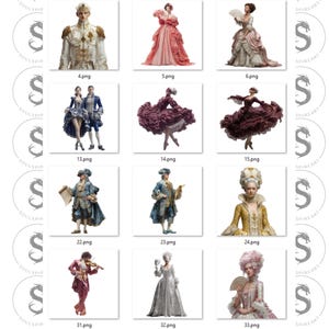 Pu&ograve; includere: Una collezione di stampe d'arte digitale con figure in costumi storici. Le immagini mostrano illustrazioni dettagliate di individui in abiti elaborati, tra cui abiti, completi e parrucche, che ricordano i periodi rococ&ograve; e barocco.