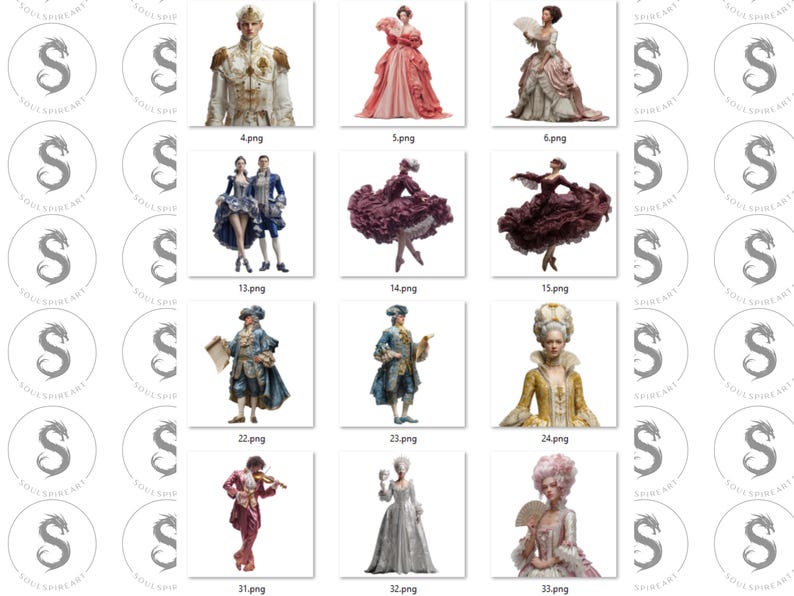 Pu&ograve; includere: Una collezione di stampe d'arte digitale con figure in costumi storici. Le immagini mostrano illustrazioni dettagliate di individui in abiti elaborati, tra cui abiti, completi e parrucche, che ricordano i periodi rococ&ograve; e barocco.
