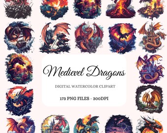 Watercolor Medieval Dragons Clipart Bundle – 173 PNG Illustrations (Digital Download)