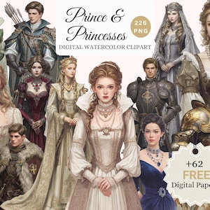Prins en prinsessen aquarel clipartbundel – 226 png's, koninklijke middeleeuwse personages + 62 GRATIS bijpassende digitale papieren, POD-vriendelijk