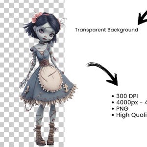 May include: A digital illustration of a doll-like figure with pale skin, dark hair, and a blue dress. The doll has stitched seams and a floral hair accessory. The image is a PNG file with a transparent background.