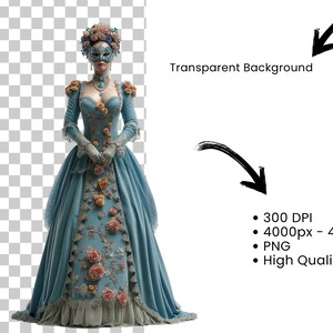Pu&ograve; includere: Immagine dettagliata di una donna in un abito blu vintage con ricami e abbellimenti floreali. Indossa una maschera e un copricapo abbinati, con una collana di gioielli. L'abito presenta maniche lunghe e una gonna ampia, creando un'estetica storica elegante.