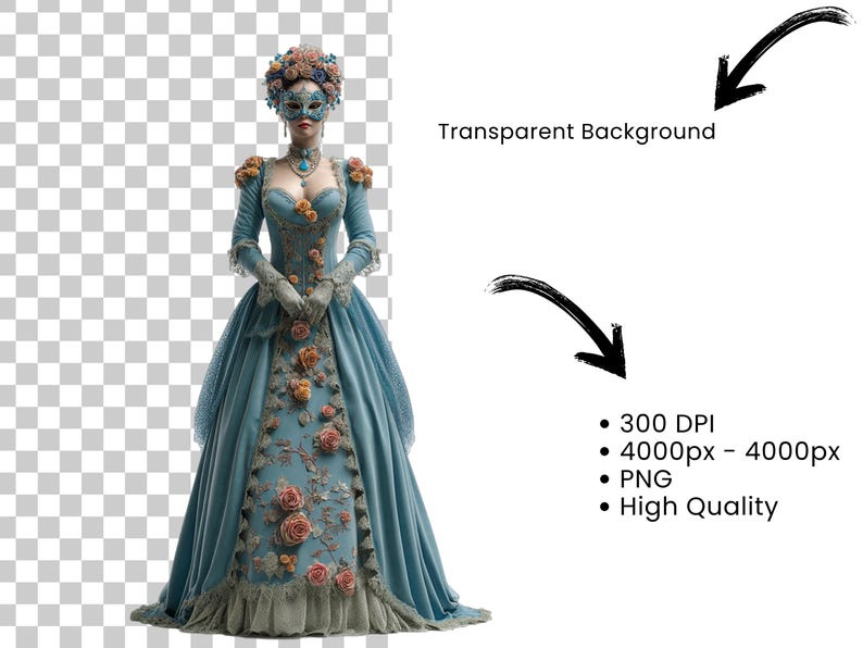 Pu&ograve; includere: Immagine dettagliata di una donna in un abito blu vintage con ricami e abbellimenti floreali. Indossa una maschera e un copricapo abbinati, con una collana di gioielli. L'abito presenta maniche lunghe e una gonna ampia, creando un'estetica storica elegante.