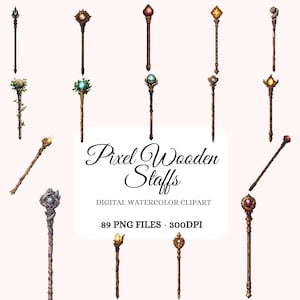 May include: A set of 12 pixel art wooden staffs with various coloured gems and designs. The staffs are in a watercolour style and are perfect for game design or crafting.