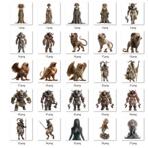 May include: A collection of digital art prints featuring various fantasy creatures and characters. The images include figures of lions, mythical beings, and humanoids, all rendered in a detailed, artistic style. Each image is labeled with a number.