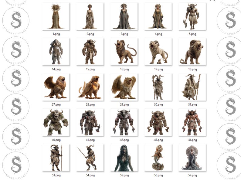 May include: A collection of digital art prints featuring various fantasy creatures and characters. The images include figures of lions, mythical beings, and humanoids, all rendered in a detailed, artistic style. Each image is labeled with a number.