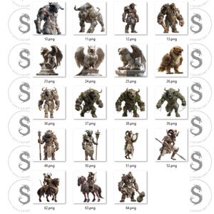 May include: Collection of digital art prints featuring various fantasy creatures and statues. The images include detailed depictions of mythical beings such as minotaurs, gargoyles, and other fantastical figures. Each image is labeled with a number and the file extension .png.