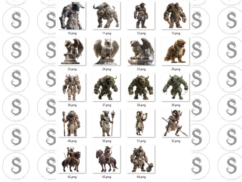 May include: Collection of digital art prints featuring various fantasy creatures and statues. The images include detailed depictions of mythical beings such as minotaurs, gargoyles, and other fantastical figures. Each image is labeled with a number and the file extension .png.