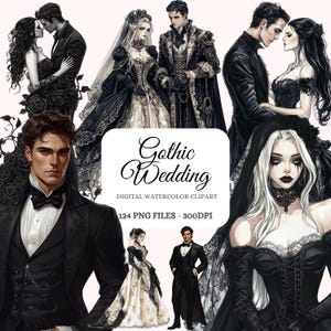 May include: A digital watercolor clipart set of gothic wedding illustrations. The set includes 124 PNG files at 300 DPI. The illustrations feature a bride and groom in black and white attire, with intricate details and a dark romantic aesthetic.