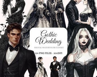 Paquete de imágenes prediseñadas de acuarela de boda gótica: imágenes PNG de romance oscuro (descarga digital)