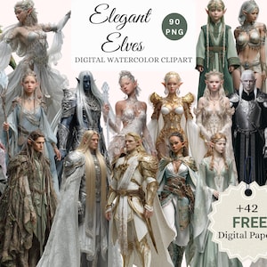 Elegant Elves Watercolor Clipart Bundle – Beautiful Elf PNG, Realistic Fantasy Women, High Quality Elf + 42 Free Digital Papers (90 PNGs)