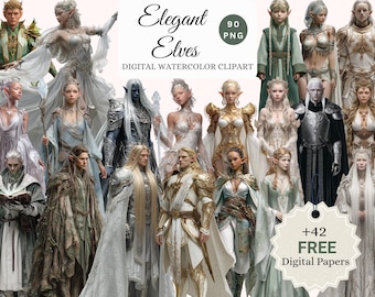 May include: Digital watercolor clipart featuring a collection of elegant elves in various poses and attire. The elves are depicted in detailed fantasy clothing with flowing gowns, armor, and accessories. The image includes text that reads "Elegant Elves" and "Digital Watercolor Clipart".