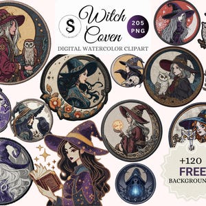 Häxcoven broderi clipart-paket, gotisk akvarell PNG (digital nedladdning)