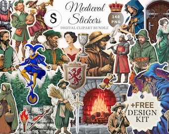 Medieval Die-Cut Stickers Clipart Bundle, 148 PNGs (Digital Download)