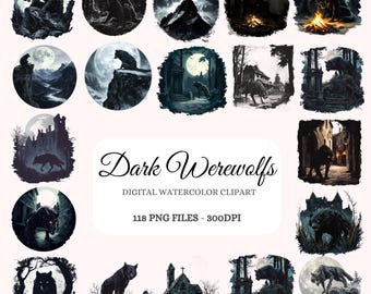 Op de afbeelding: Een digitale clipartset met 18 aquarel illustraties met donkere weerwolven in verschillende poses en omgevingen. De illustraties zijn in een donkere, sfeervolle stijl en bevatten elementen zoals volle manen, bossen en kastelen. De tekst "Dark Werewolfs" en "Digital Watercolor Clipart" is in de afbeelding opgenomen.  118 PNG-bestanden - 300 DPI.