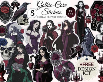 May include: A digital clipart bundle of Gothic-Core stickers. The stickers feature illustrations of gothic women, skulls, ravens, roses, and other gothic-themed elements in shades of black, red, and purple. The bundle includes 95 PNG files and a free design kit.
