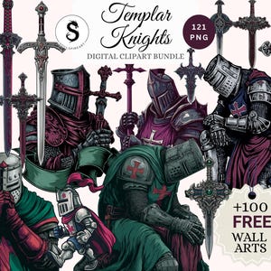 May include: Digital clipart bundle featuring illustrations of medieval knights in armor, swords, and the text "Templar Knights." The artwork includes various color schemes, with knights in red, green, and purple. The bundle includes 121 PNG files and over 100 free wall art images.