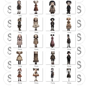 May include: A collection of digital art prints featuring stylized, gothic-inspired dolls. Each doll has a unique outfit and hairstyle, with a muted color palette. The prints are labeled with numbers, indicating a series.