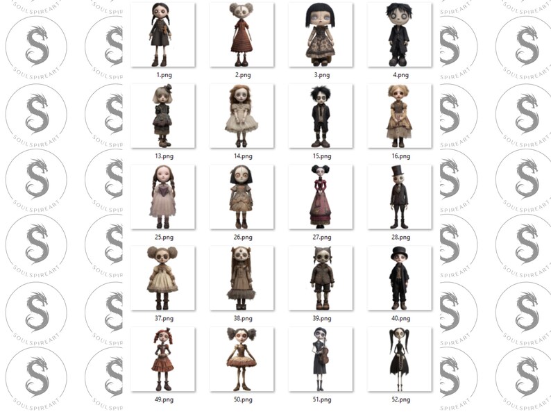 May include: A collection of digital art prints featuring stylized, gothic-inspired dolls. Each doll has a unique outfit and hairstyle, with a muted color palette. The prints are labeled with numbers, indicating a series.