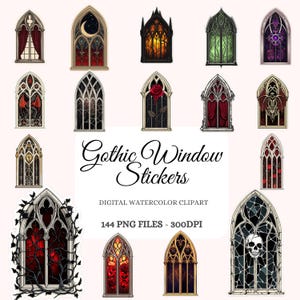 Gothic Window Stickers Clipart Bundle – Gothic Architecture, Glass Windows, Dark Aesthetic, Window PNG, POD Friendly (144 Images)