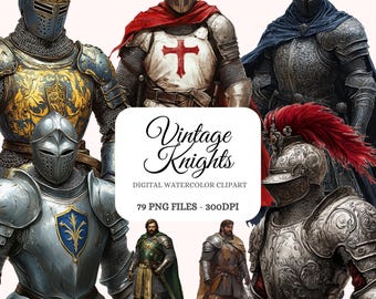 Vintage Knights Watercolor Clipart – Medieval Warriors, Armor (79 PNG Files)