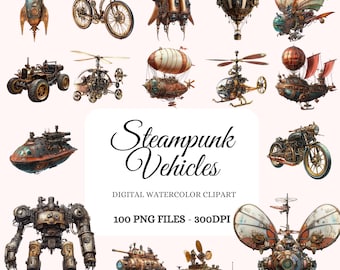 Steampunk Vehicles Clipart Bundle – 100 Retro-Futuristic Designs, High-Resolution PNG, Victorian Sci-Fi Transportation Illustrations