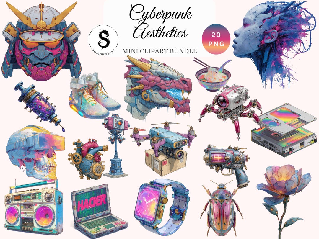 Cyberpunk Clipart Bundle Sci-fi Sublimation PNG Neon Future Tech Gamer ...