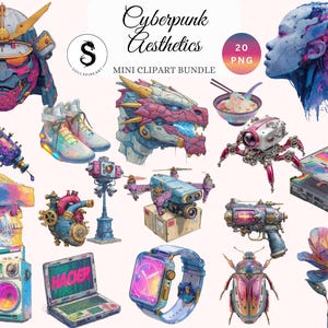 以下が含まれることがあります： サイバーパンクをテーマにした20個のデジタルクリップアート画像のコレクション。画像には、侍のヘルメット、ドラゴンの頭、ロボットスパイダー、"HACKER"と書かれたラップトップ、スマートウォッチが含まれています。