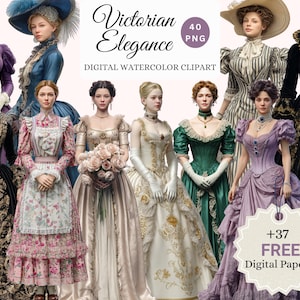 Victorian Lady Watercolor Clipart Bundle – 40 Elegant PNGs + 37 FREE Papers, Royal Victorian Clipart, Vintage Woman, Victorian Fashion Art
