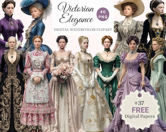 Pacchetto di clipart acquerellate di donne vittoriane - Eleganti PNG vintage
