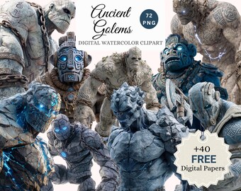Ensemble de cliparts golem - éléments de jeu RPG fantastiques réalistes (72 fichiers PNG + 40 papiers numériques)