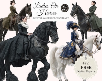 Clipart di donne vittoriane a cavallo - Elegante pacchetto PNG equestre